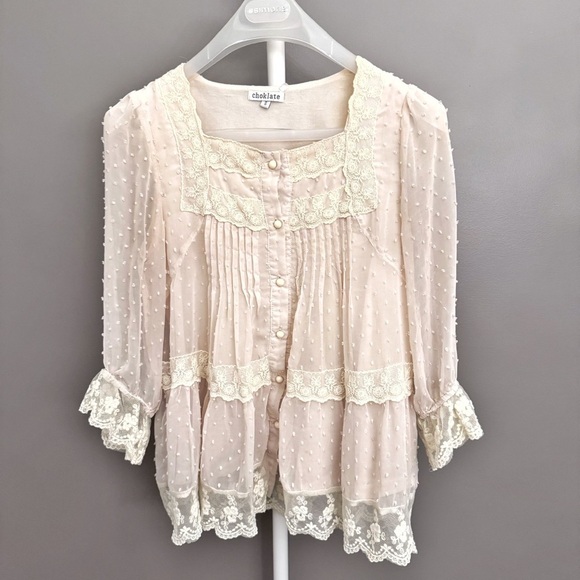 Vintage Romantic Boho Cottagecore Lace Collar Cream White Button Down  Blouse - Picture 2 of 15